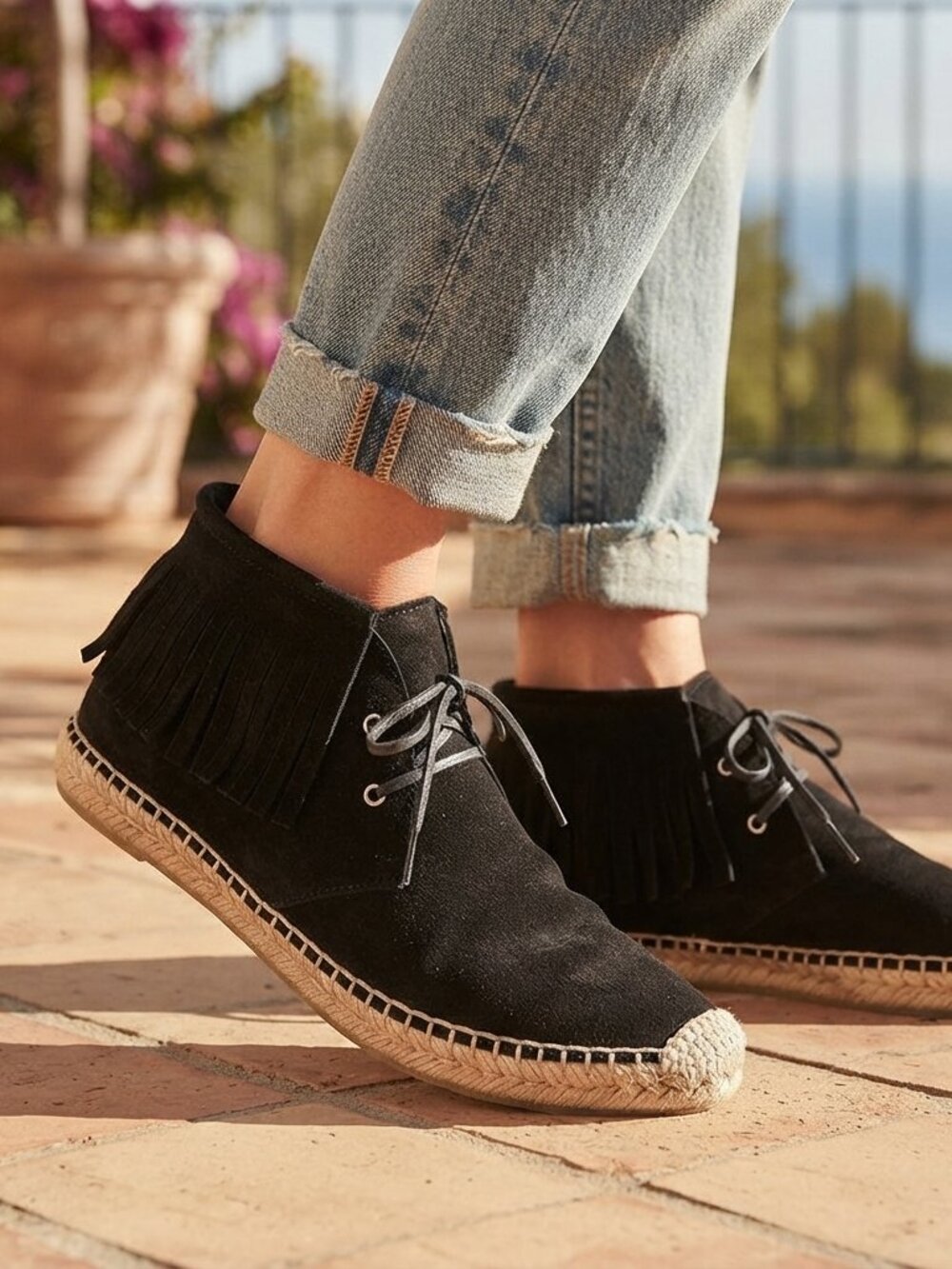 Saint Laurent Black Suede Fringe Espadrille Desert Boots Size 37
